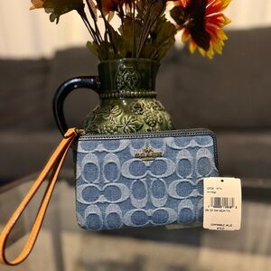 Coach Denim Blue Wristlet with Tan Leather Strap
